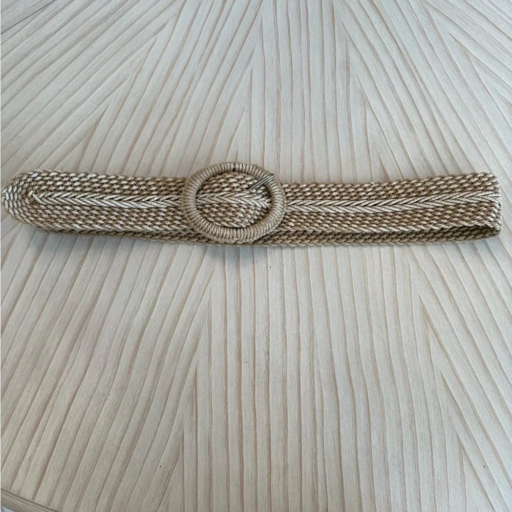Woven Round Buckle Braided Belt - Natural Beige - Picture 2 of 9